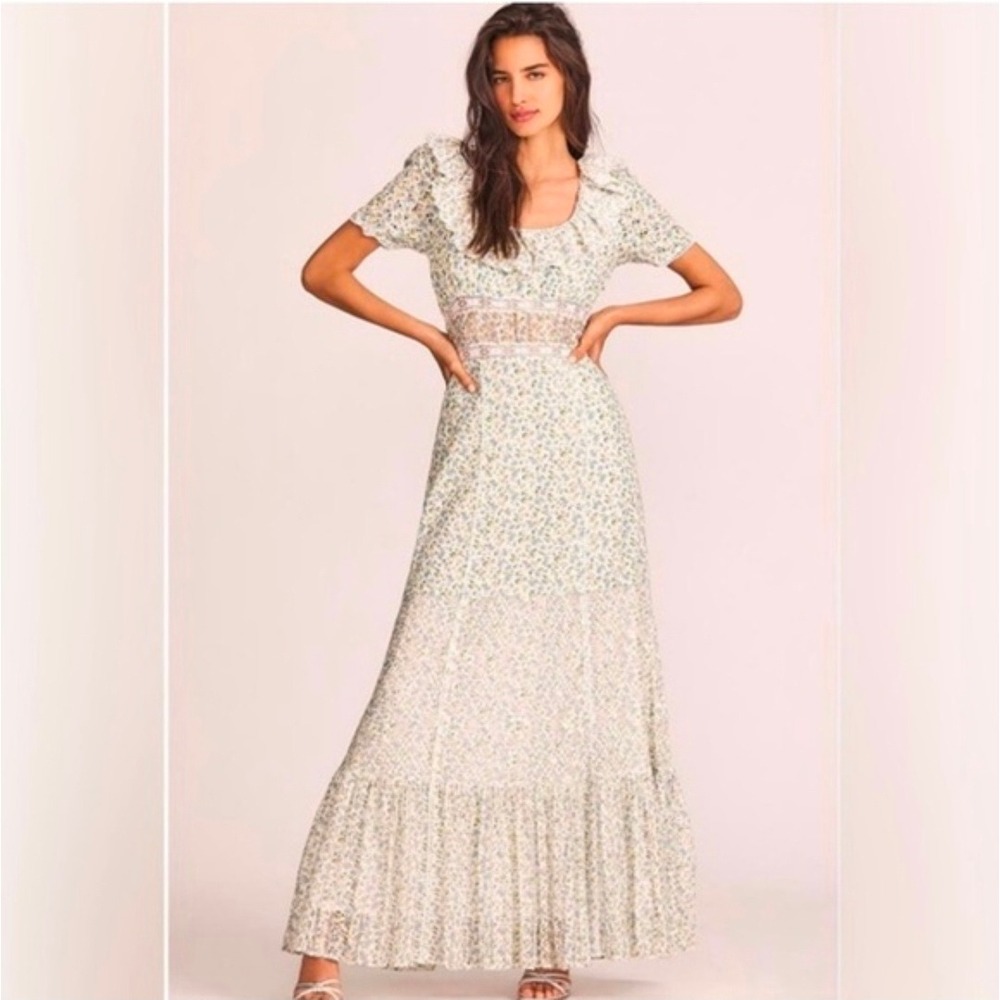 LoveShackFancy Stassie Floral Eyelet Lace Maxi Dress Ruffle Puff Sleeves Size 4